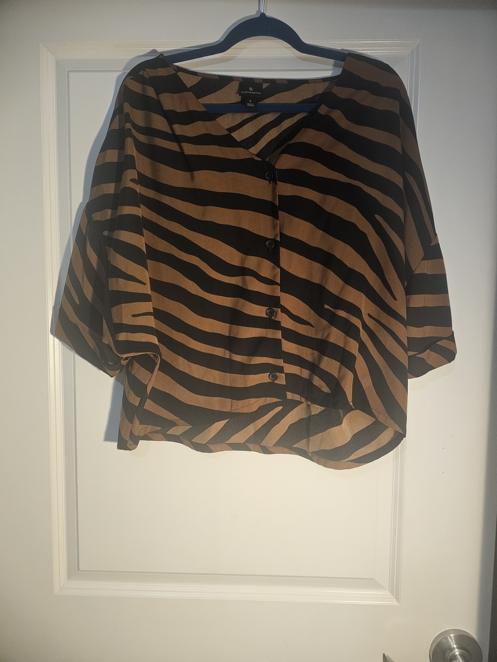 Worthington Brown & Black Zebra-Stripe Button Front Top